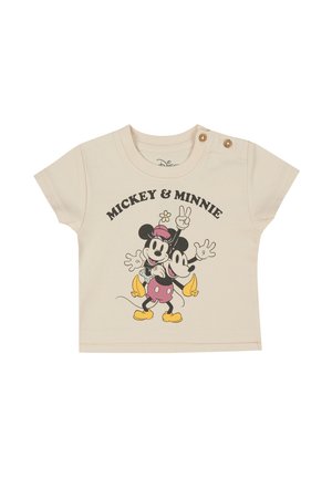 Camiseta de algodón beige con un gráfico de dibujo animado de Mickey y Minnie Mouse. Bañador corto con botones a presión en los hombros para un fácil vestimiento.