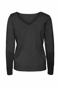 Maglione nero a maniche lunghe con scollatura a V. Realizzato in un tessuto morbido e testurizzato con un effetto luccicante sottile. Design aderente con polsini a coste.