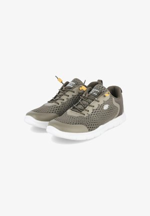 Athletic shoes featuring a breathable mesh upper in olive green, a rubber sole, and yellow accents, with a secure lace-up design.