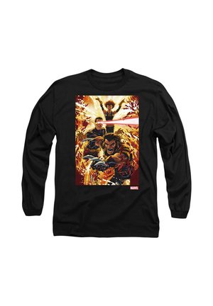 Black long-sleeve t-shirt featuring a colorful comic book print with three characters amid fiery effects and dynamic action poses.