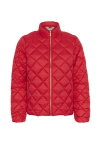 Red quilted puffer jacket with a high collar and gold zipper. Features a diamond pattern and a smooth, glossy texture.