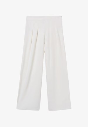 Pantaloni bianchi a gamba larga con vita alta e pieghe frontali, realizzati in tessuto morbido, mostrati distesi su uno sfondo bianco.