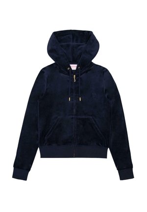 Hoodie à zip bleu marine en velours doux, doté d'une capuche, de poches latérales et d'accents dorés aux cordons, avec des poignets et un ourlet côtelés.