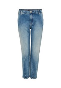 Jeans en denim bleu avec une fermeture à bouton et zip, passants de ceinture, et un léger délavage sur les cuisses et les genoux.