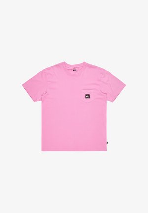 Lyserød bomuld t-shirt med korte ærmer, rund halsudskæring og en brystlomme med et sort mærkelogo. Klasisk fit design.