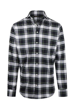 Plaid shirt in black, white, and green. Features a button-down collar, long sleeves, and a front button closure. Cotton material.
