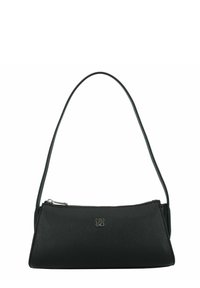 Bolso de hombro de cuero negro con cierre de cremallera, diseño slim y una sola asa ajustable. Presenta un logo de la marca sutil en la parte delantera.