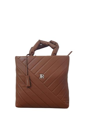 Borsa marrone trapuntata con manici intrecciati, logo JR argentato sul davanti e piccola targhetta rettangolare attaccata al manico.