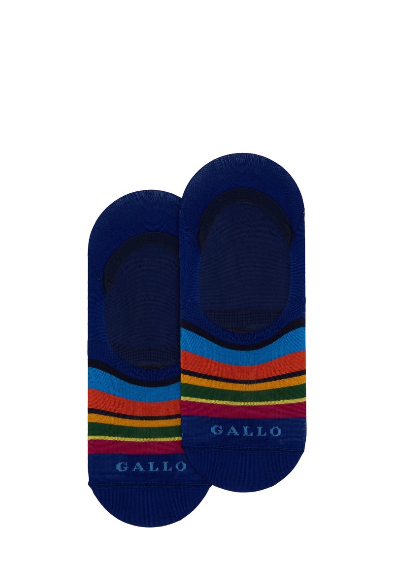 Calzini bassi blu navy con strisce orizzontali colorate in blu, arancione, verde e rosso. Presentano la punta e il tallone rinforzati. Nome del marchio: Gallo.