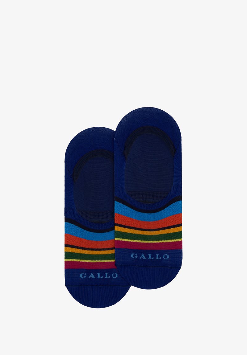 Calzini bassi blu navy con strisce orizzontali colorate in blu, arancione, verde e rosso. Presentano la punta e il tallone rinforzati. Nome del marchio: Gallo.