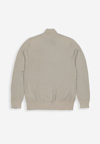 Lichtbeige gebreide sweater met een textuurpatroon, lange mouwen en een staande kraag. Geribbelde manchetten en zoom, vervaardigd uit een zachte, rekbare stof.