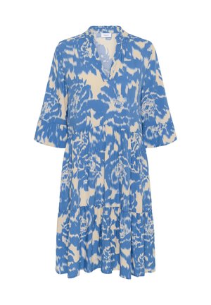 Sinine ja beež lillemustriga kleit V-kaeluse, kihilise seeliku ja kolmeveerandi varrukatega, valmistatud kergest, tekstuuritud kangast.