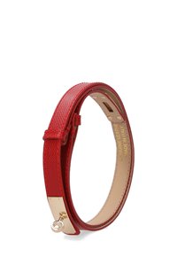 Red leather bracelet with a textured finish, gold-tone hardware, and a secure clasp. Features a smooth, contrasting interior lining.