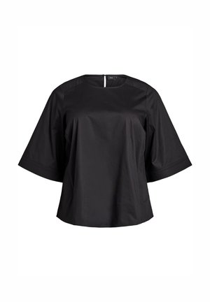 Crna bluzica slobodnog kroja s širokim rukavima do lakta, okruglim dekolteom i gumbom na zatvaranju na leđima.