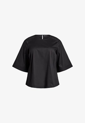 Černá volná blůza s širokými rukávy po lokty, kulatým výstřihem a zapínáním na knoflík na klíčovou dírku na zádech.