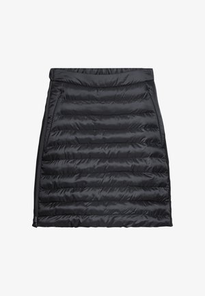 Schwarzer gepolsterter Rock mit einem gesteppten Design, featuring horizontale Nähte, einem hohen Bund und einem seitlichen Reißverschluss zum Schließen.