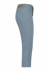 Gestreepte blauwe broek met een slim fit, gemaakt van een gestructureerde stof. Bevat twee achterzakken en een leren label met merk op de tailleband.