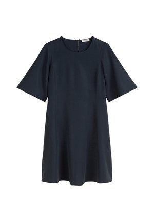 Navy blue short-sleeve dress made of smooth fabric with a round neckline and back zip closure, designed with a relaxed fit.