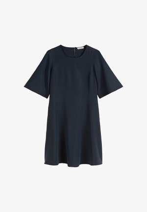 Navy-blauwe jurk met korte mouwen van gladde stof, met een ronde halslijn en een ritssluiting aan de achterkant, ontworpen in een relaxte pasvorm.