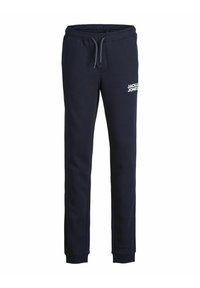 Marineblauwe trainingsbroek met elastische tailleband en trekkoord, voorzien van het witte "JACK & JONES" logo op de zijkant en geribde boorden bij de enkels.