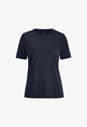 Marineblaues T-Shirt mit kurzen Ärmeln und Rundhalsausschnitt, figurnah geschnitten, auf weißem Hintergrund dargestellt.