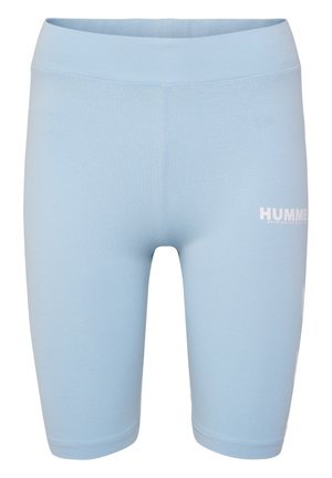 Light blue athletic shorts with a fitted design and smooth texture feature a white "HUMMEL" logo on one side.