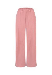 Pantalon rose ample avec une taille élastique et des jambes larges droites sur un fond blanc uni.