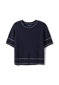 Jersey de punto azul marino de manga corta con ribete de puntos blancos a lo largo del escote, puños de las mangas y dobladillo, con etiqueta Piombo en el interior del cuello.