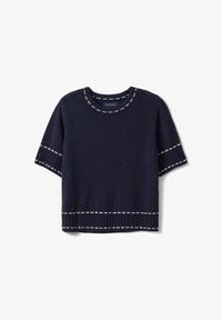 Jersey de punto azul marino de manga corta con ribete de puntos blancos a lo largo del escote, puños de las mangas y dobladillo, con etiqueta Piombo en el interior del cuello.