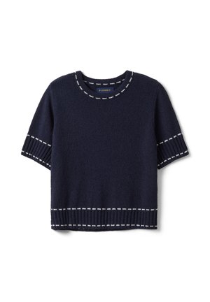 Jersey de punto azul marino de manga corta con ribete de puntos blancos a lo largo del escote, puños de las mangas y dobladillo, con etiqueta Piombo en el interior del cuello.