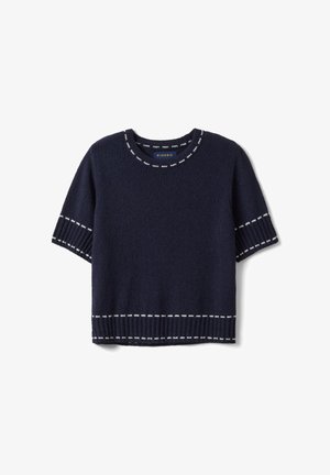 Jersey de punto azul marino de manga corta con ribete de puntos blancos a lo largo del escote, puños de las mangas y dobladillo, con etiqueta Piombo en el interior del cuello.