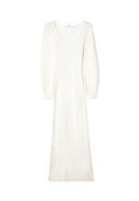 Robe en tricot blanche à manches longues, avec un décolleté en scoop et une silhouette ajustée, présentant une texture côtelée sur l'ensemble.