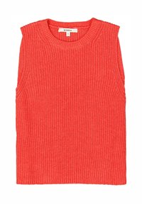 Rotes, geripptes ärmelloses Oberteil aus strukturiertem Strickmaterial mit rundem Ausschnitt. Das Etikett stammt von der Marke Garcia, Größe S.