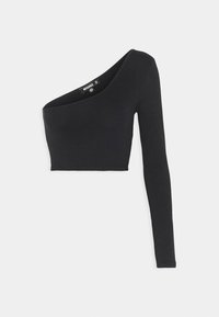 T-Shirt preto de manga longa com um decote assimétrico e design ajustado, feito de material elástico para uma silhueta elegante.