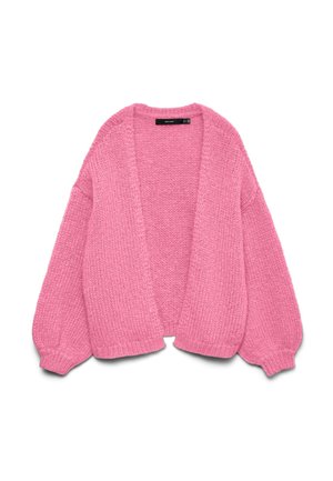 Cardigan rose en grosse maille avec manches ballon longues et devant ouvert, présenté sur un fond blanc.