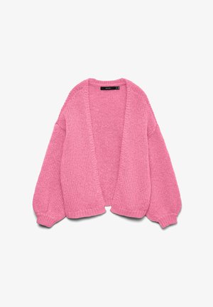 Cardigan rose en grosse maille avec manches ballon longues et devant ouvert, présenté sur un fond blanc.