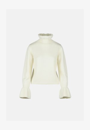 Cremefarbener gerippter Strickpullover mit rüschigem hohen Kragen und ausgestellten Manschetten an den langen Ärmeln, schlichtes und elegantes Design.