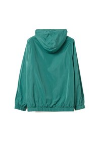 Teal, lichtgewicht jack met een capuchon, elastische manchetten en taille, met een gladde, glanzende textuur en minimalistisch ontwerp.