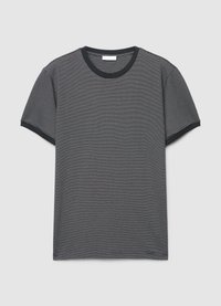 T-shirt à manches courtes avec col rond, rayé noir et blanc, avec bordure côtelée au niveau du col et des poignets, tissu léger et respirant.