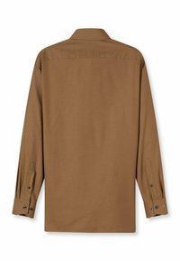Braunes Langarmhemd mit umgeschlagenem Kragen, Knopfmanschetten und glatter Textur, schlicht gestaltet ohne sichtbare Muster.