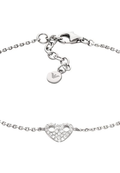 Bracelet en argent avec un pendentif en forme de cœur orné de cristaux clairs, doté d'une chaîne texturée et d'une fermeture à mousqueton.