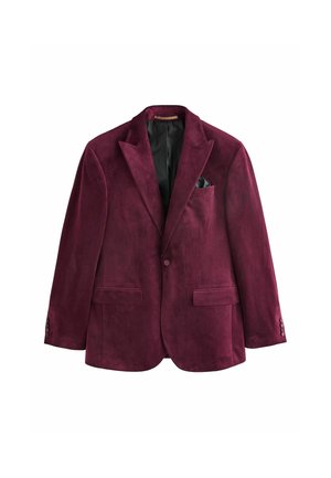 Single-button maroon velvet blazer with notch lapels, flap pockets, and black satin lining with a pocket square.