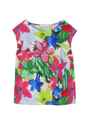 Kurzärmliges Blusenshirt mit floralem Muster, das eine Mischung aus pinken, blauen und grünen Blumen auf hellem Hintergrund zeigt; aus leichtem Stoff gefertigt und mit lockerer Passform.