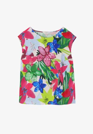 Lilleõieline, lilledest koosnev t-särk, millel on roosa, sinine ja roheline lillemuster heledal taustal; valmistatud kergest kangast ja lõikega, mis on mugav ja vabalt langev.