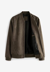 Chaqueta bomber de ante marrón, con cremallera frontal, puños y cuello acanalados, bolsillos laterales, interior forrado. Textura suave, diseño moderno.