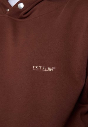 Brown hoodie made of soft fabric with a textured surface. Features a hood, silver snap buttons, and small "ESTEEM" logo in gold.