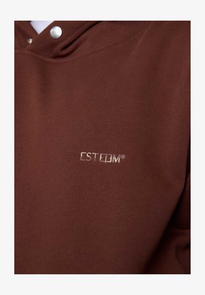 Brauner Kapuzenpullover aus weichem Material mit strukturierter Oberfläche. Verfügt über eine Kapuze, silberne Druckknöpfe und ein kleines "ESTEEM"-Logo in Gold.