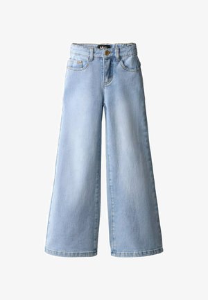 Jasnoniebieskie szerokie dżinsy z przednimi kieszeniami, szlufkami na pasek i zapięciem na guzik w pasie.