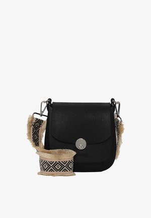 Black leather bag with a flap closure and silver button. Features an adjustable strap in beige with black geometric patterns and fringed edges.