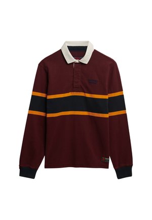 Langarm polo shirt in bordeauxrood, met een witte kraag, voorzien van horizontale strepen in donkerblauw en oranje. Inclusief een logo op de borst.